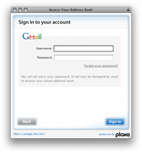 [Capture d'écran de la popup de Plaxo, demande du mot de passe de Gmail]