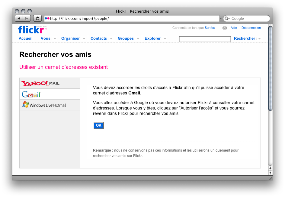 [Capture d'écran de Flickr, choix du compte]